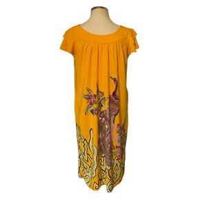 Boho Indie Floral Peacock Print Bright Colored Dress with capped Ruffle Sleeves